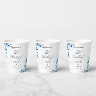 Gobelets En Papier Mariage estival fleurs élégantes bleues