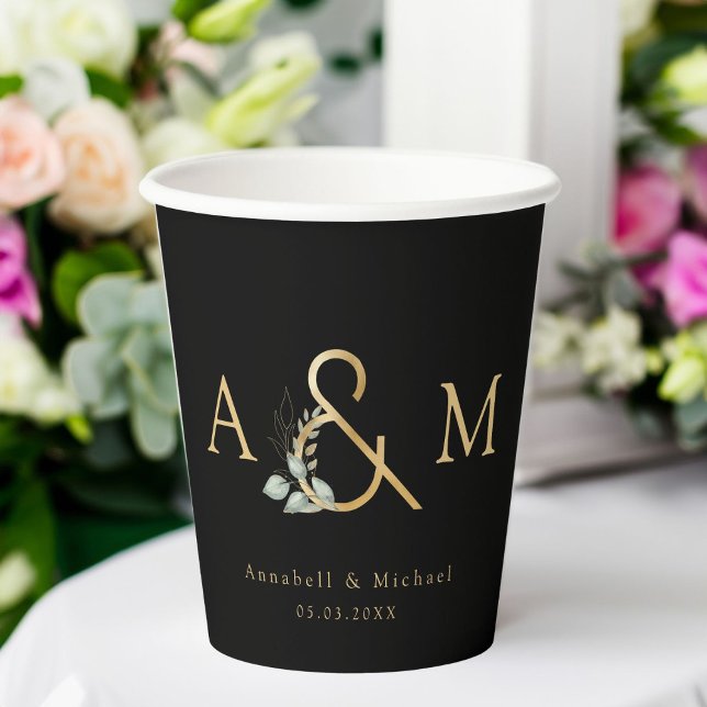 Gobelets En Papier Mariage Eucalyptus (Eucalyptus Ampersand Wedding Paper Cups, Black,Gold, Botanical.)
