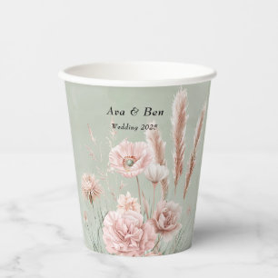Gobelets En Papier Mariage Fleur sauvage Sage Green et Rose