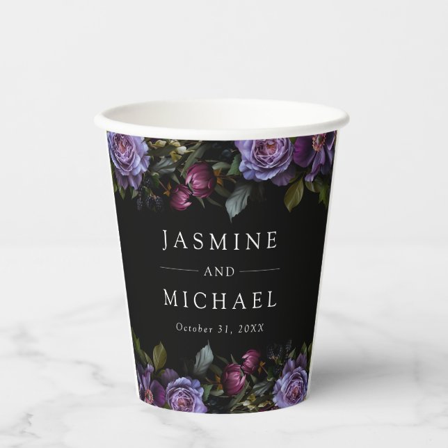 Gobelets En Papier Mariage Fleuris Pourpre Gothique Sombre (Recto)