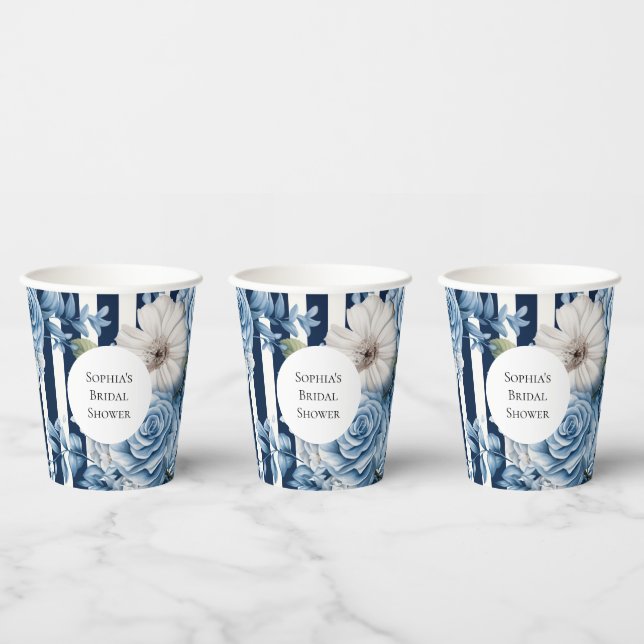 Gobelets En Papier Mariage Fleuris Rayures Bleu Marine (Multi)