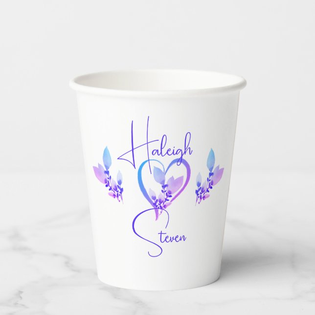 Gobelets En Papier Mariage floral blanc, bleu et violet (Verso)