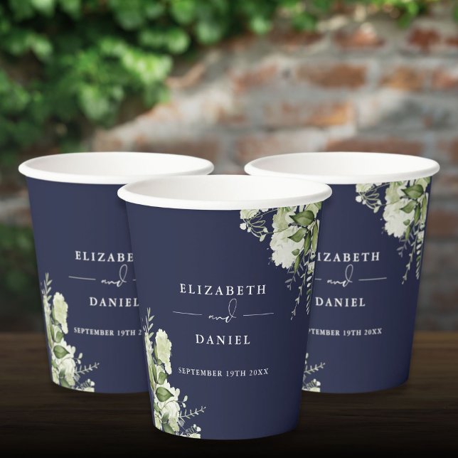 Gobelets En Papier Mariage floral élégant bleu marine verdure (Greenery Floral Elegant Navy Blue Wedding Paper Cups)