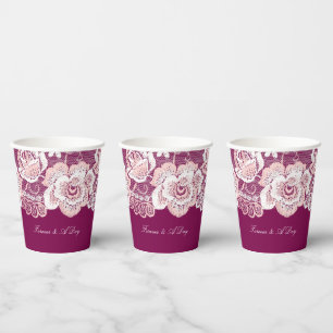 Gobelets En Papier Mariage Floral en Dentelle Rose Romantique