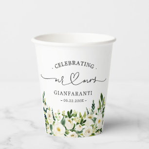 Gobelets En Papier Mariage Floral Mr et Mrs Cœur Script