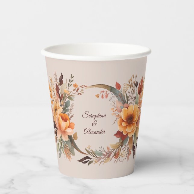 Gobelets En Papier Mariage floral rustique de l'automne (Recto)