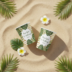 Gobelets En Papier Mariage Gold Foil & Green Palm Leaf Beach