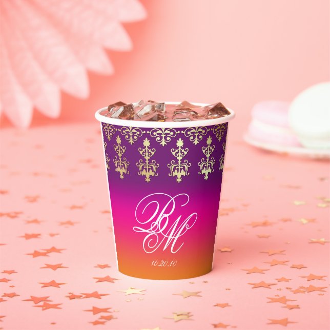 Gobelets En Papier Mariage indien Monogramme Damask rose violet orang (Insitu)