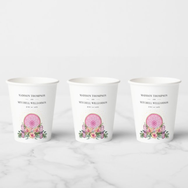 Gobelets En Papier Mariage métaphysique rose floral Mandala Crystals (Multi)