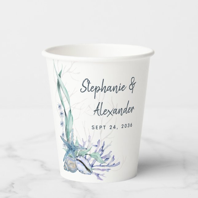 Gobelets En Papier Mariage moderne Beach Seashells (Recto)