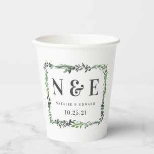 Gobelets En Papier mariage moderne élégant vert aquarelle feuillage
