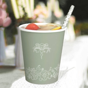 Gobelets En Papier Mariage Monogramme sauge vert blanc fleur de lis