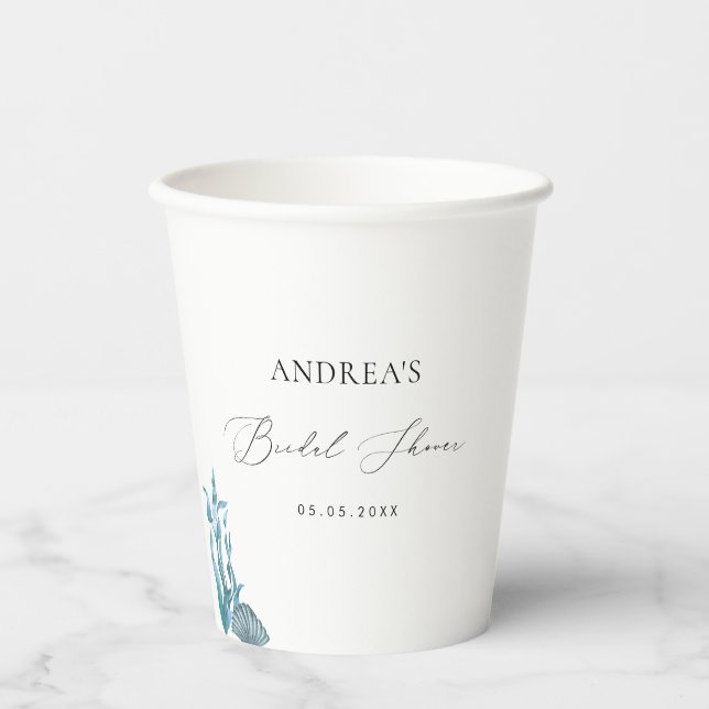Gobelets En Papier Mariage Nautical Coastal Blue Shell Été (Recto)