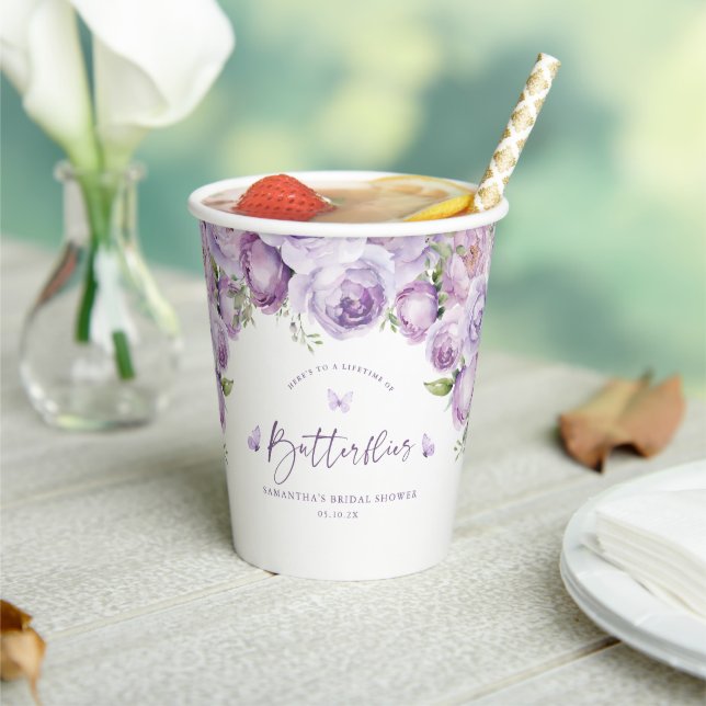 Gobelets En Papier Mariage Papillons Modernes Fleurs Violettes (Insitu)
