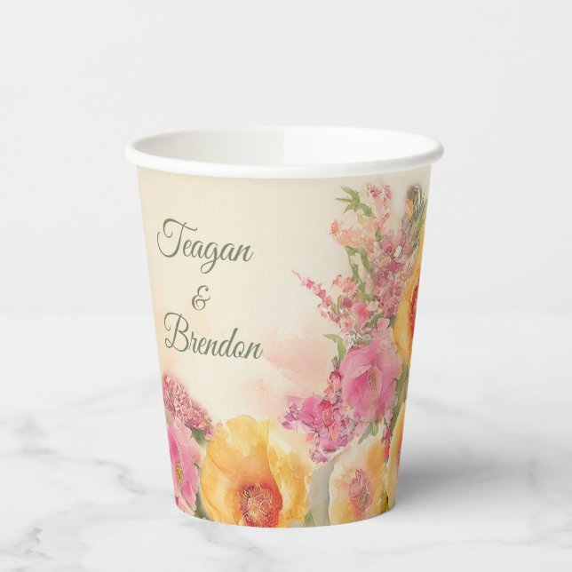 Gobelets En Papier Mariage Peach Et Rose Aquarelle (Gauche)