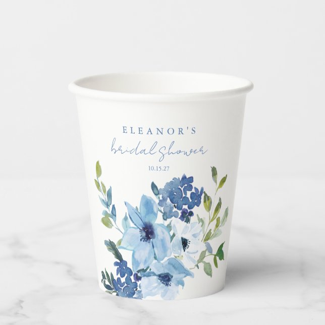 Gobelets En Papier Mariage Personnalisé avec Fleurs Aquarelles Bleu C (Recto)
