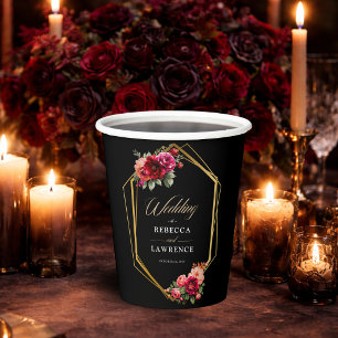 Gobelets En Papier Mariage romantique élégant floral rouge noir d'amb