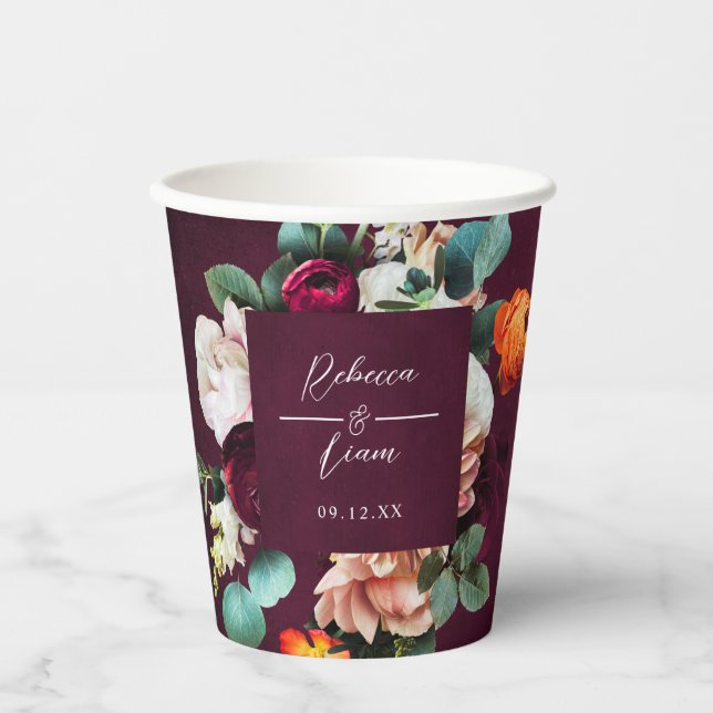 Gobelets En Papier Mariage Rose Bourgogne et Renoncule (Recto)