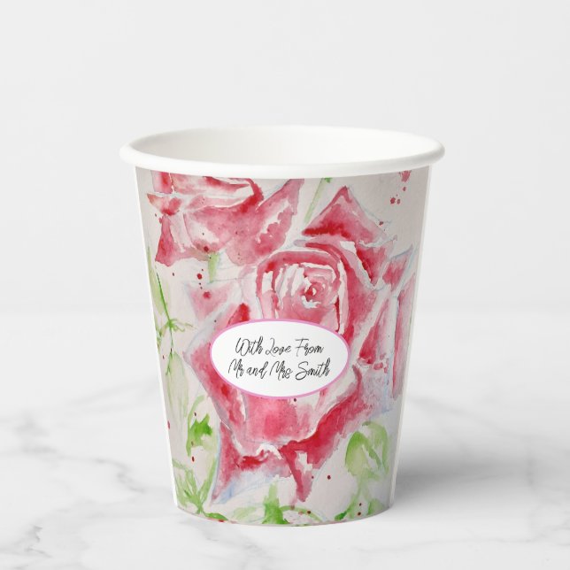 Gobelets En Papier Mariage Rose Motif  d'aquarelle (Recto)