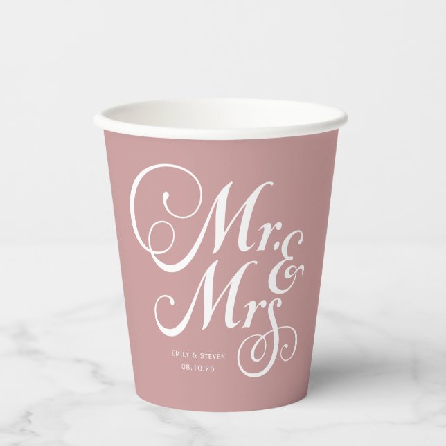 Gobelets En Papier Mariage rustique m & mrs Dusty Pink personnalisé (Recto)