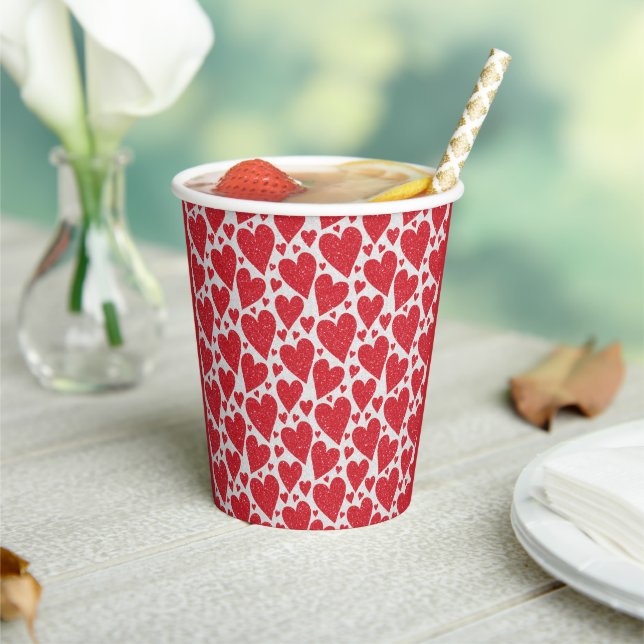 Gobelets En Papier Mariage Saint-Valentin Cœurs Pailletés Rouge Blanc (Insitu)