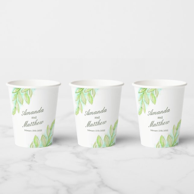 Gobelets En Papier Mariage Spring vert feuilles nom personnalisé (Multi)