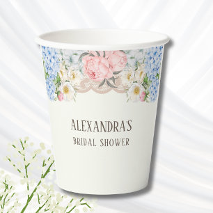 Gobelets En Papier Mariage Thème Pivoine Ivoire et Hortensia Bleu Vin