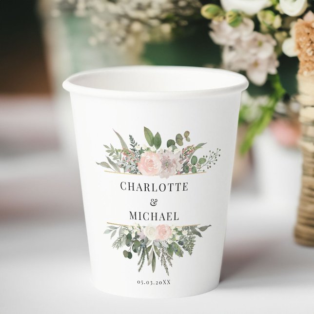Gobelets En Papier Mariages des fleurs d'Eucalyptus (Eucalyptus, flowers, wedding, white paper cup with your name and date.)