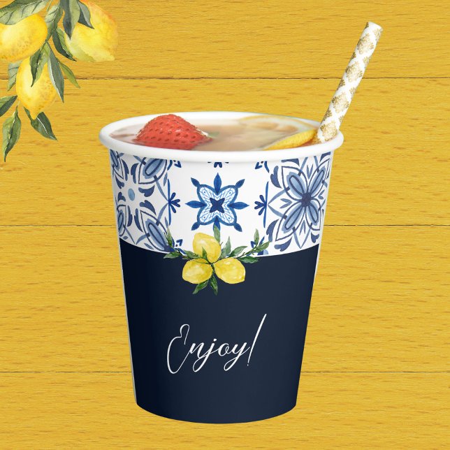 Gobelets En Papier Marine bleu Carrelage italien Citron jaune Fête de (Créateur téléchargé)