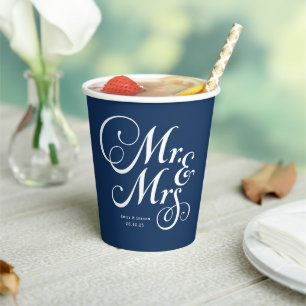 Gobelets En Papier Marine Blue M. & Mme mariage rustique personnalisé