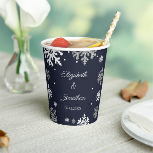 Gobelets En Papier Marine Blue Snowflakes Mariage d'hiver