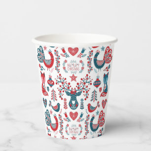 Gobelets En Papier Marine & Red Christmas Scandinavian Folk Art Desig