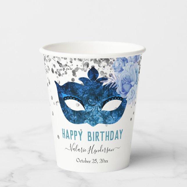 Gobelets En Papier Mascarade bleue fête d'anniversaire (Recto)