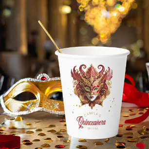 Gobelets En Papier Masquerade Motif Quinceanera Rouge Or ID1031