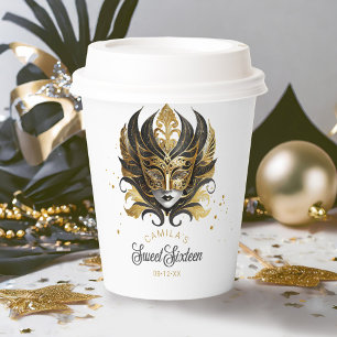Gobelets En Papier Masquerade Motif Sweet 16 Black Gold ID1032
