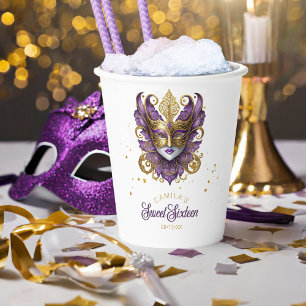 Gobelets En Papier Masquerade Motif Sweet Sixteen Violet Or ID1032