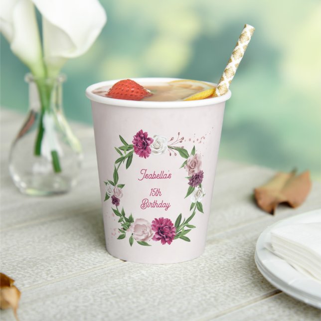 Gobelets En Papier mauve rose fleurs bordeaux verdure (Insitu)