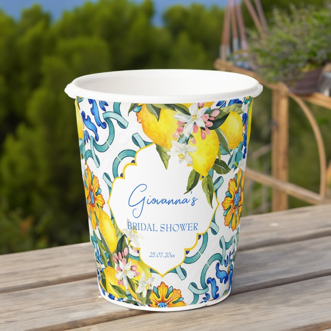 Gobelets En Papier Méditerranée Majolica tuiles citrons douche nuptia (Mediterranean Majolica Italian blue tiles lemons bridal shower personalized printed Paper Cups)