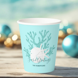 Gobelets En Papier Mer côtière et salutations Noël Plage Aqua Bleu