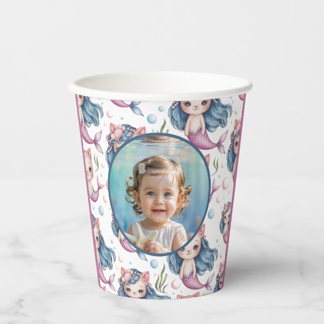 Gobelets En Papier Mermaid Kitten Birthday Photo (Recto)