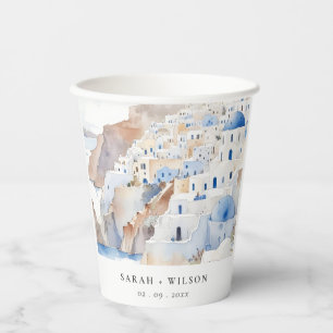 Gobelets En Papier Minimal chic Santorini Grèce Mariage aquarelle