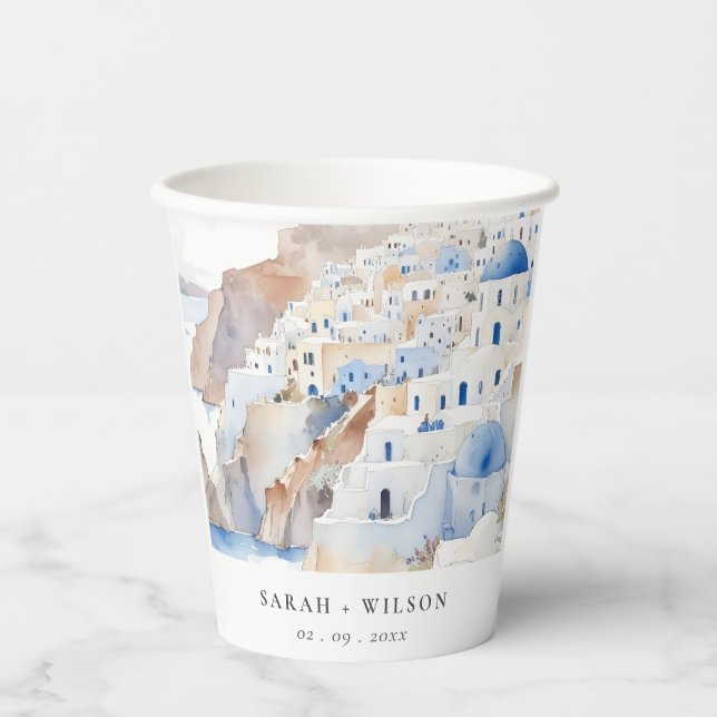 Gobelets En Papier Minimal chic Santorini Grèce Mariage aquarelle (Recto)