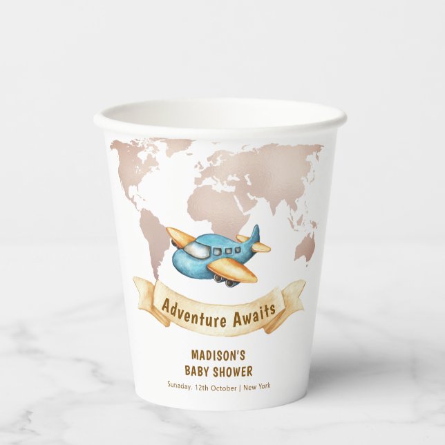 Gobelets En Papier Modern Adventure World Map Airplane Baby Shower  (Recto)
