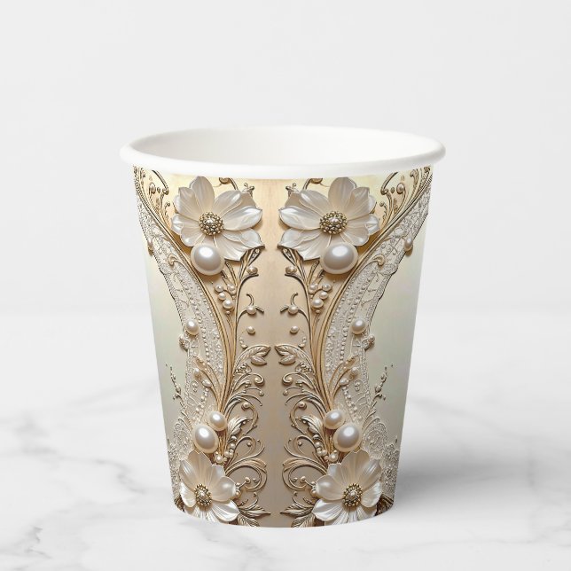 Gobelets En Papier Modern White Flowers Pearls Paper Cups (Recto)