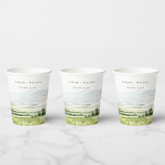 Gobelets En Papier Moderne Chic Aquarelle Vignoble Paysage Mariage (Multi)