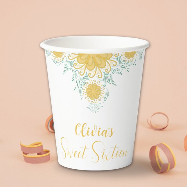 Gobelets En Papier Moderne Chic Boho Floral Sweet 16 Anniversaire (Créateur téléchargé)