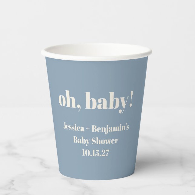Gobelets En Papier Moderne Cute Dusty Blue Baby shower Nom personnali (Recto)