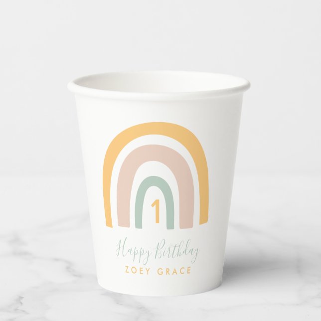 Gobelets En Papier Moderne Pastel Rainbow Girl'âge d'anniversaire (Recto)