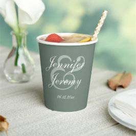 Gobelets En Papier Moderne Sage Green Élégant Mariage de script blanc