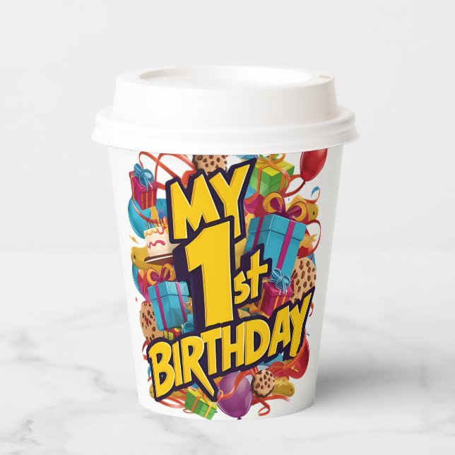 Gobelets En Papier Mon 1Er Anniversaire Gâteau Et Ballons (Recto)